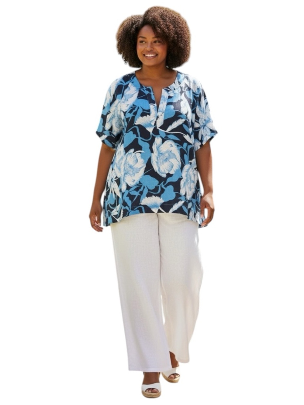 Elie Tahari 2X Blue Floral 100% Linen Blouse Split Neck Short Sleeve Plus Size